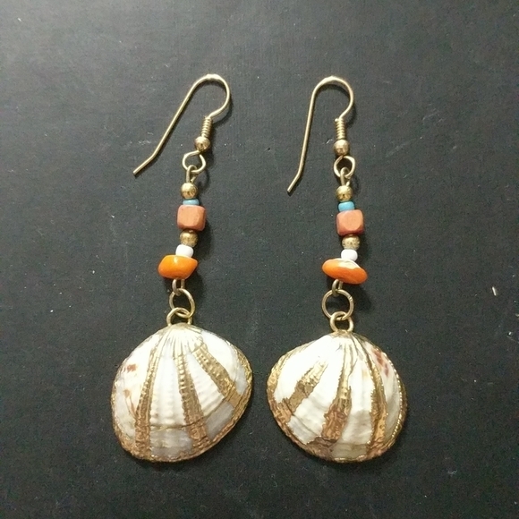 Gold Tone Natural Shell Beaded Dangle Statement Earrings - Picture 1 of 2